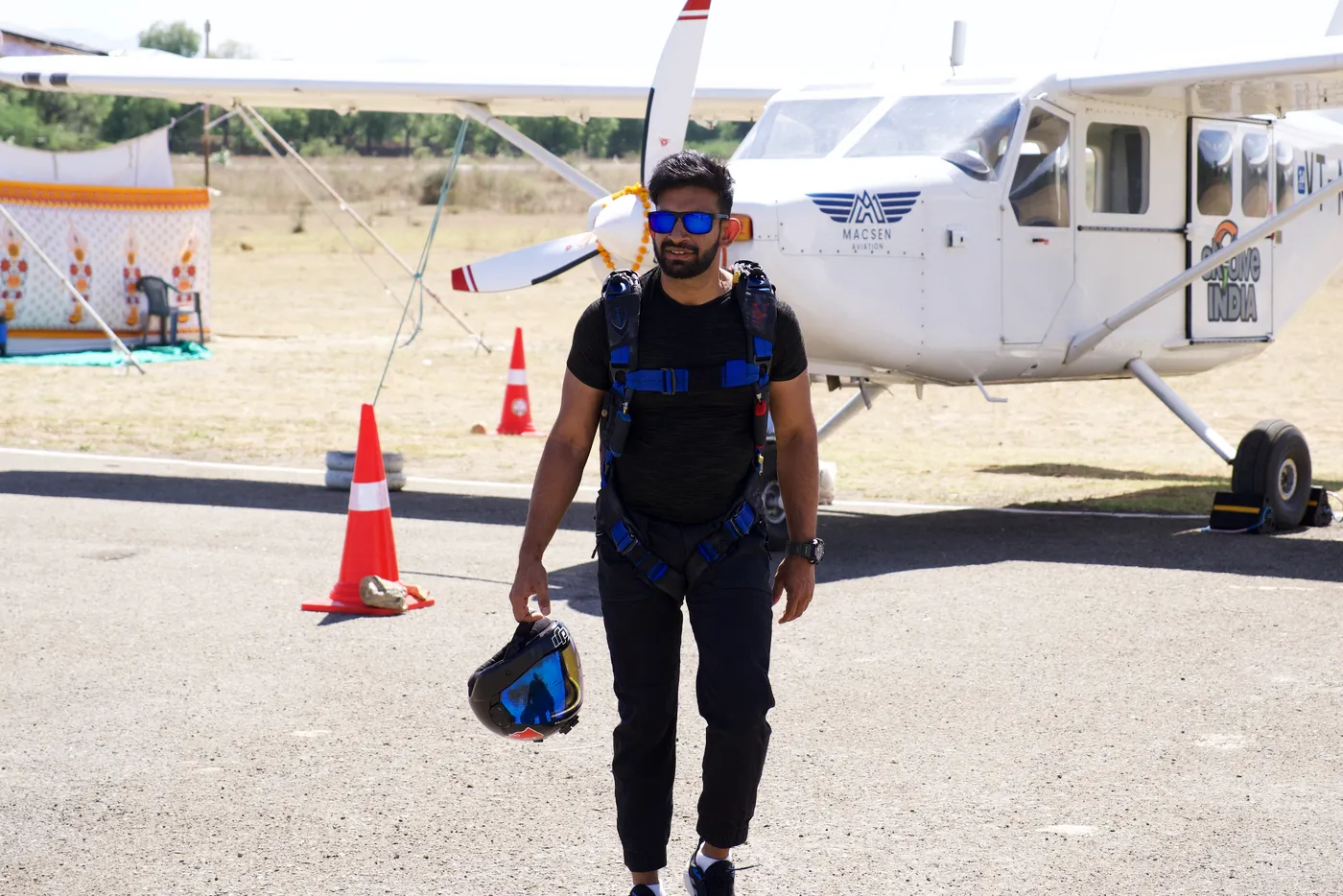 Skydiver walking out to the aircraft at the Mount Abu dropzone