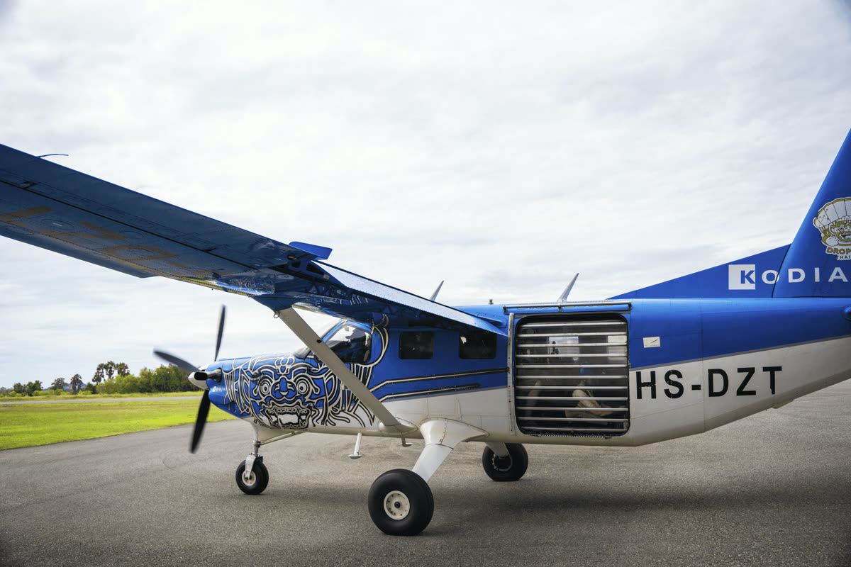 Skydiving aircraft at dropzone ready for jump