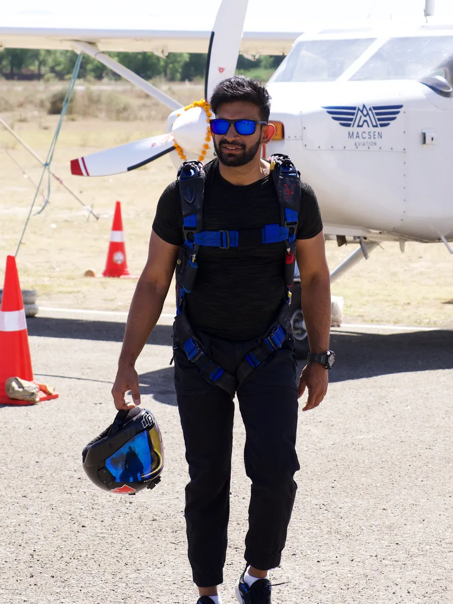 Skydiver walking out to the aircraft at the Mount Abu dropzone